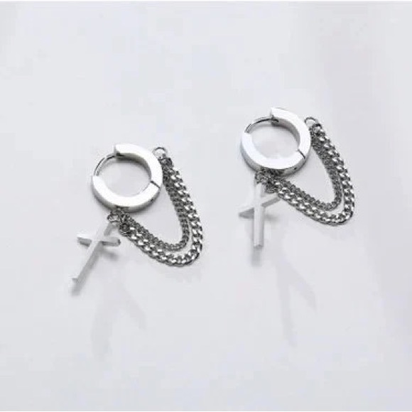 Mens Double Chain Cross Earring - Picture 6 of 9